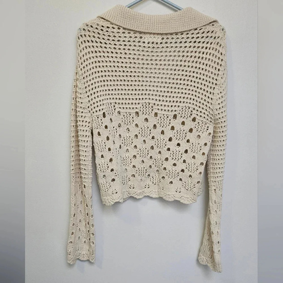 Y2k H&M Crochet knit 100% Algodon Cotton Ivory Oversized  Collard boho sz S - Picture 8 of 9